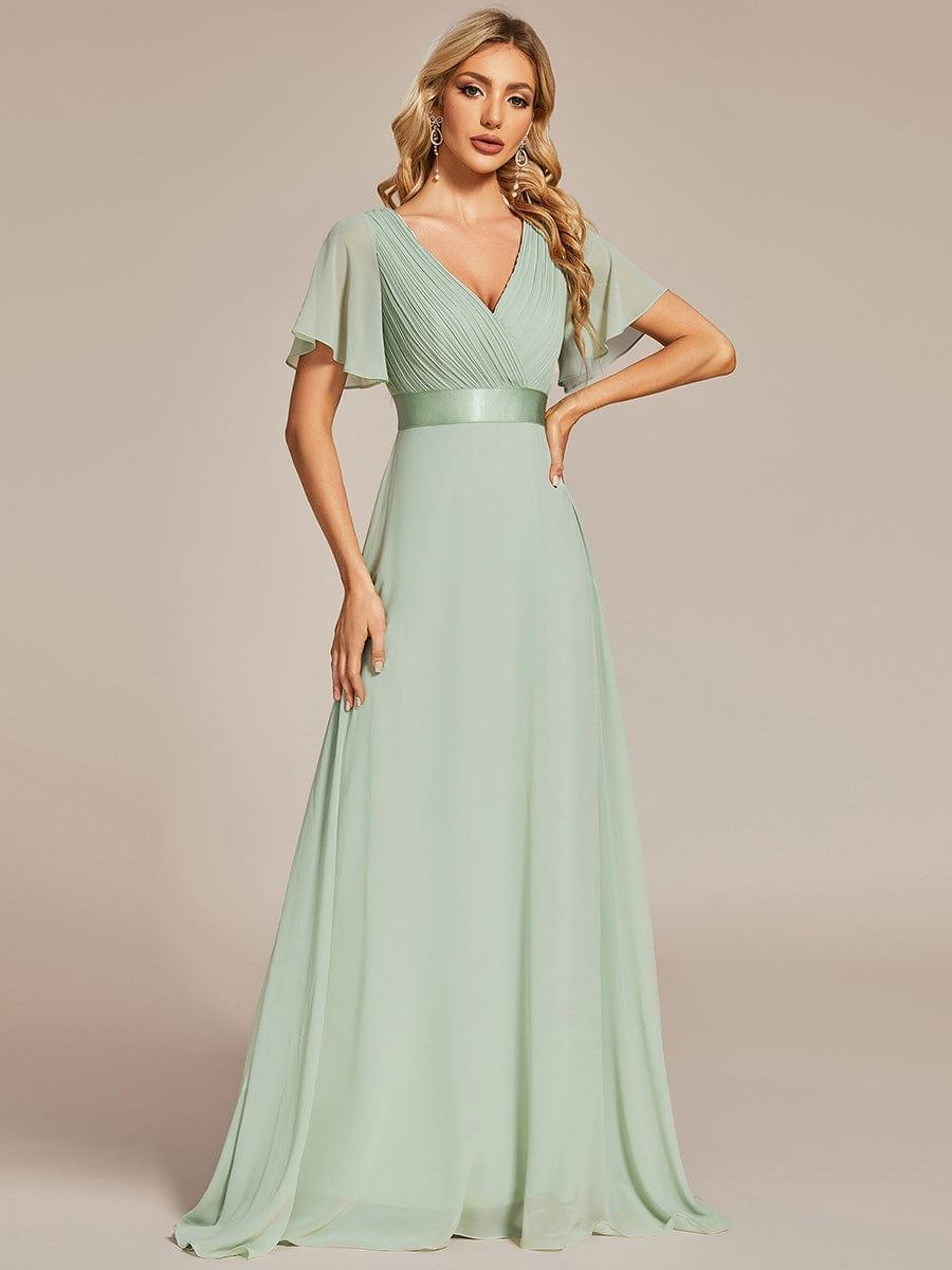 ever MONICA|Long Empire Waist Bridesmaid Dress with Short Flutter Sleeves