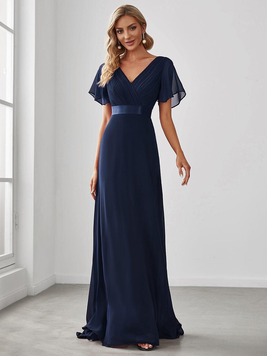 ever MONICA|Long Empire Waist Bridesmaid Dress with Short Flutter Sleeves
