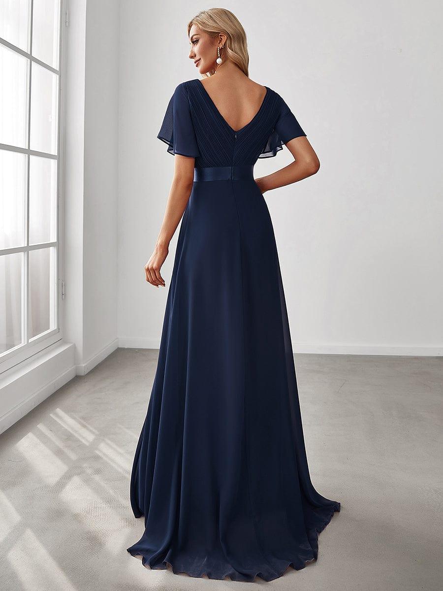 ever MONICA|Long Empire Waist Bridesmaid Dress with Short Flutter Sleeves