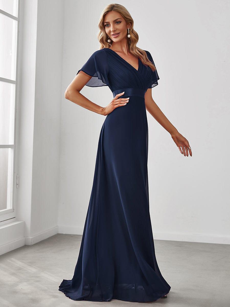 ever MONICA|Long Empire Waist Bridesmaid Dress with Short Flutter Sleeves