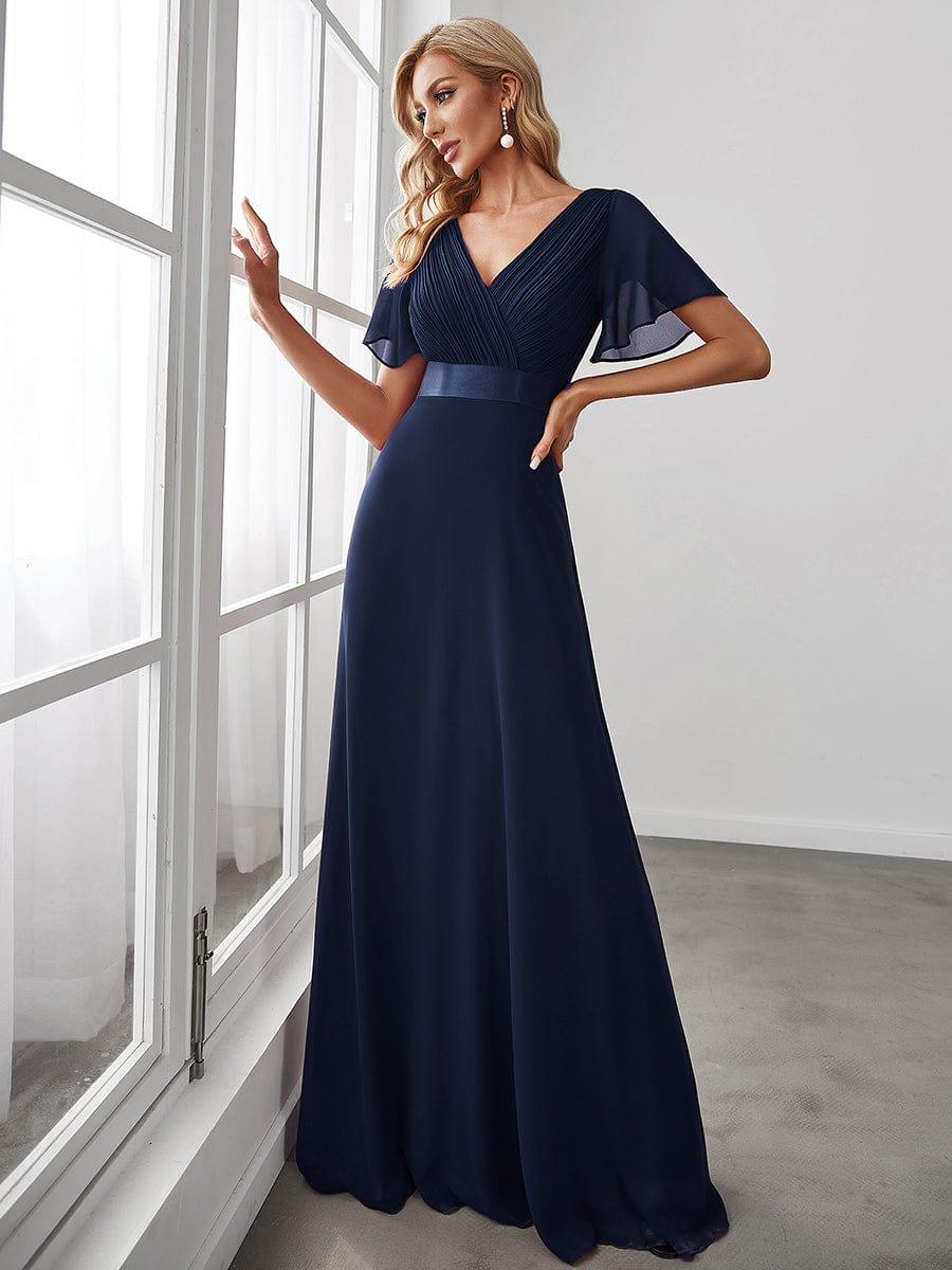 ever MONICA|Long Empire Waist Bridesmaid Dress with Short Flutter Sleeves