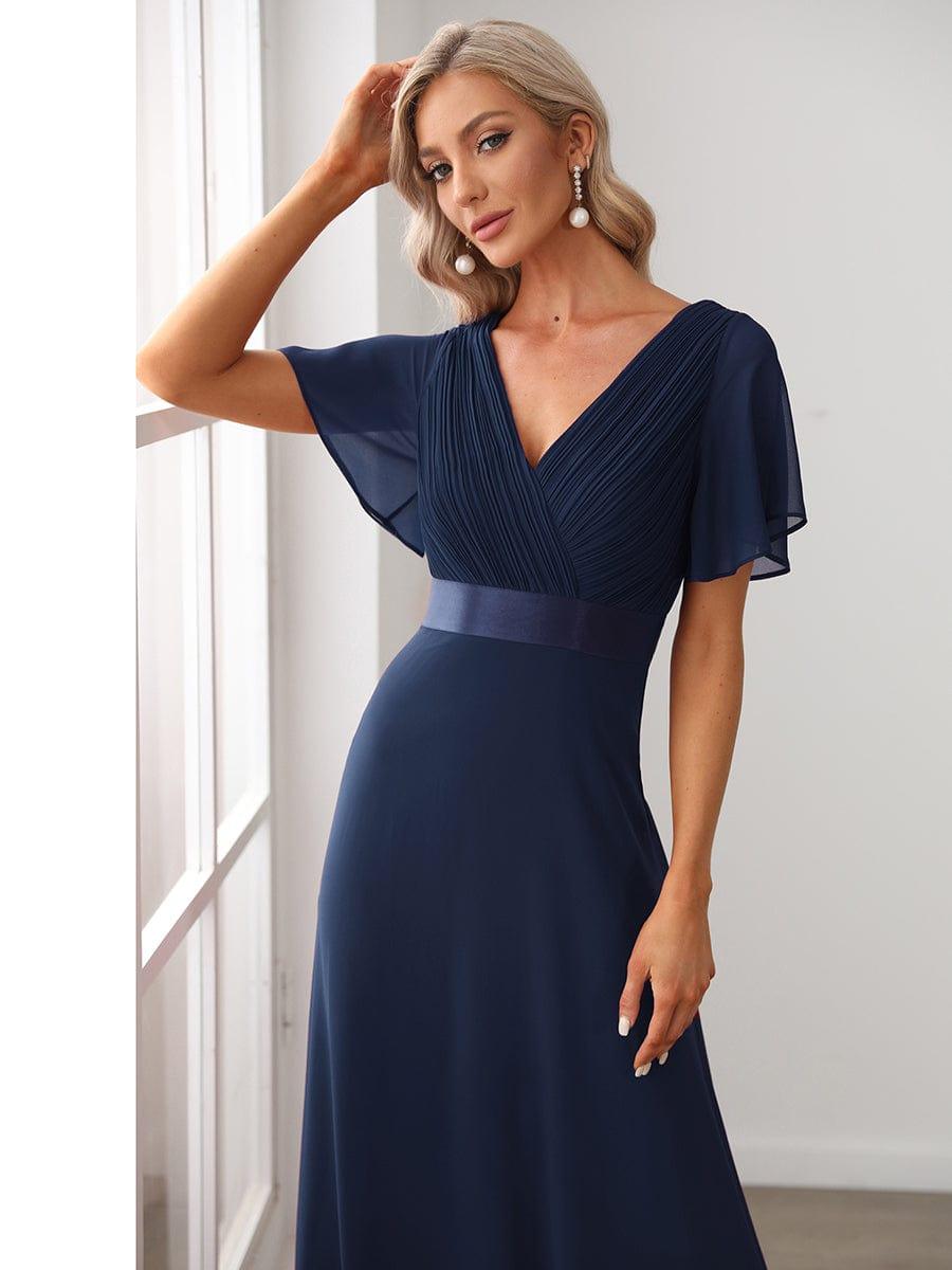 ever MONICA|Long Empire Waist Bridesmaid Dress with Short Flutter Sleeves