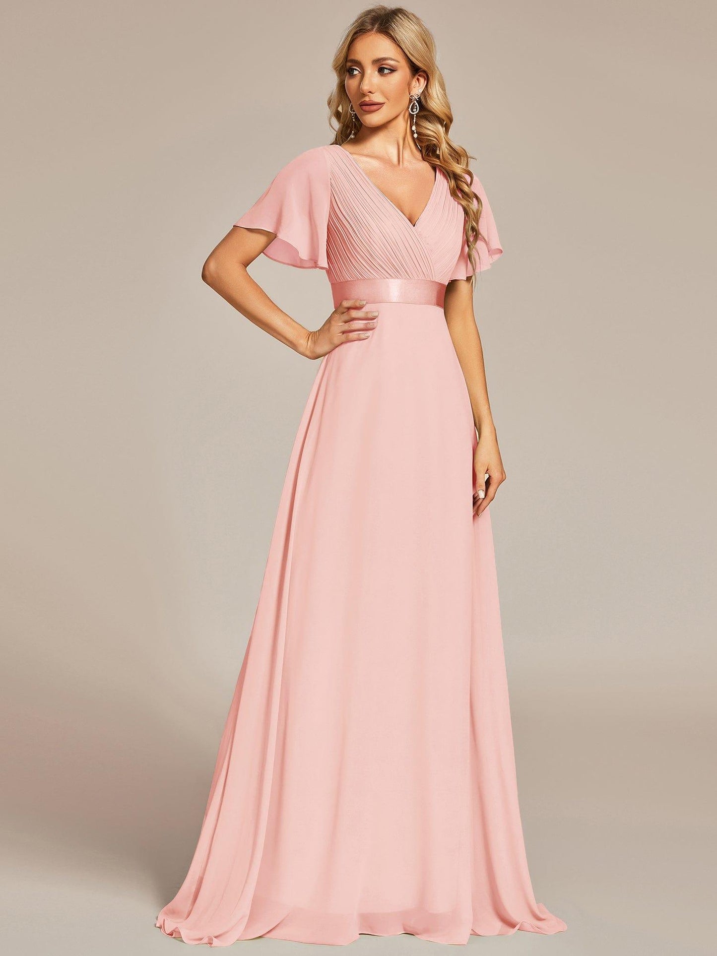 ever MONICA|Long Empire Waist Bridesmaid Dress with Short Flutter Sleeves