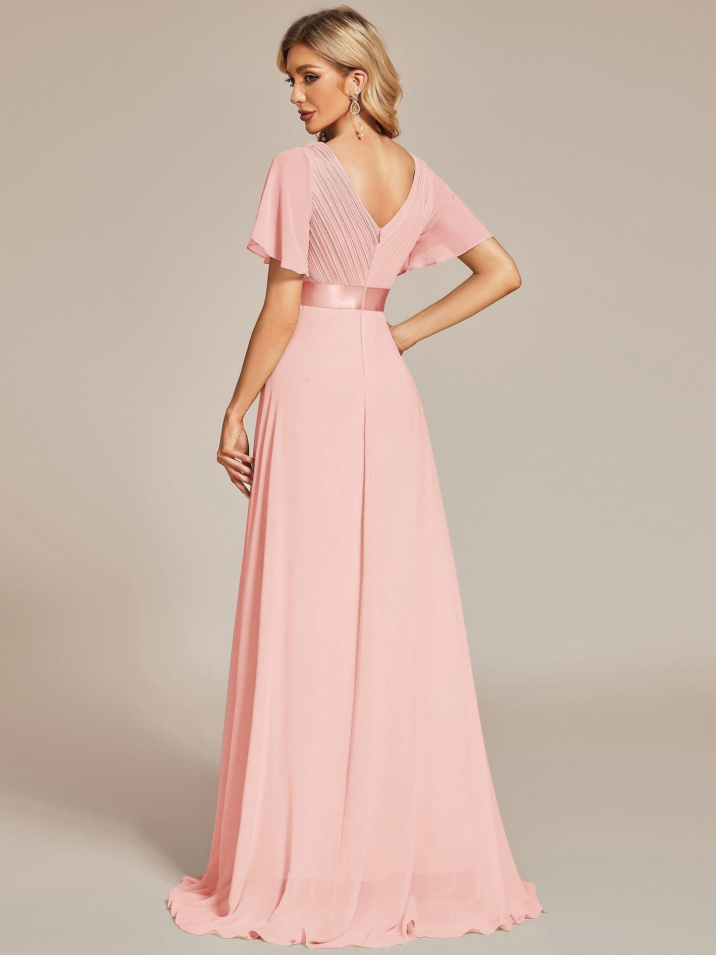 ever MONICA|Long Empire Waist Bridesmaid Dress with Short Flutter Sleeves