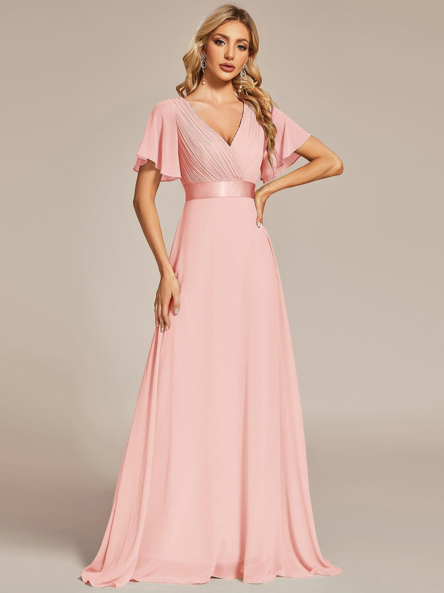 ever MONICA|Long Empire Waist Bridesmaid Dress with Short Flutter Sleeves