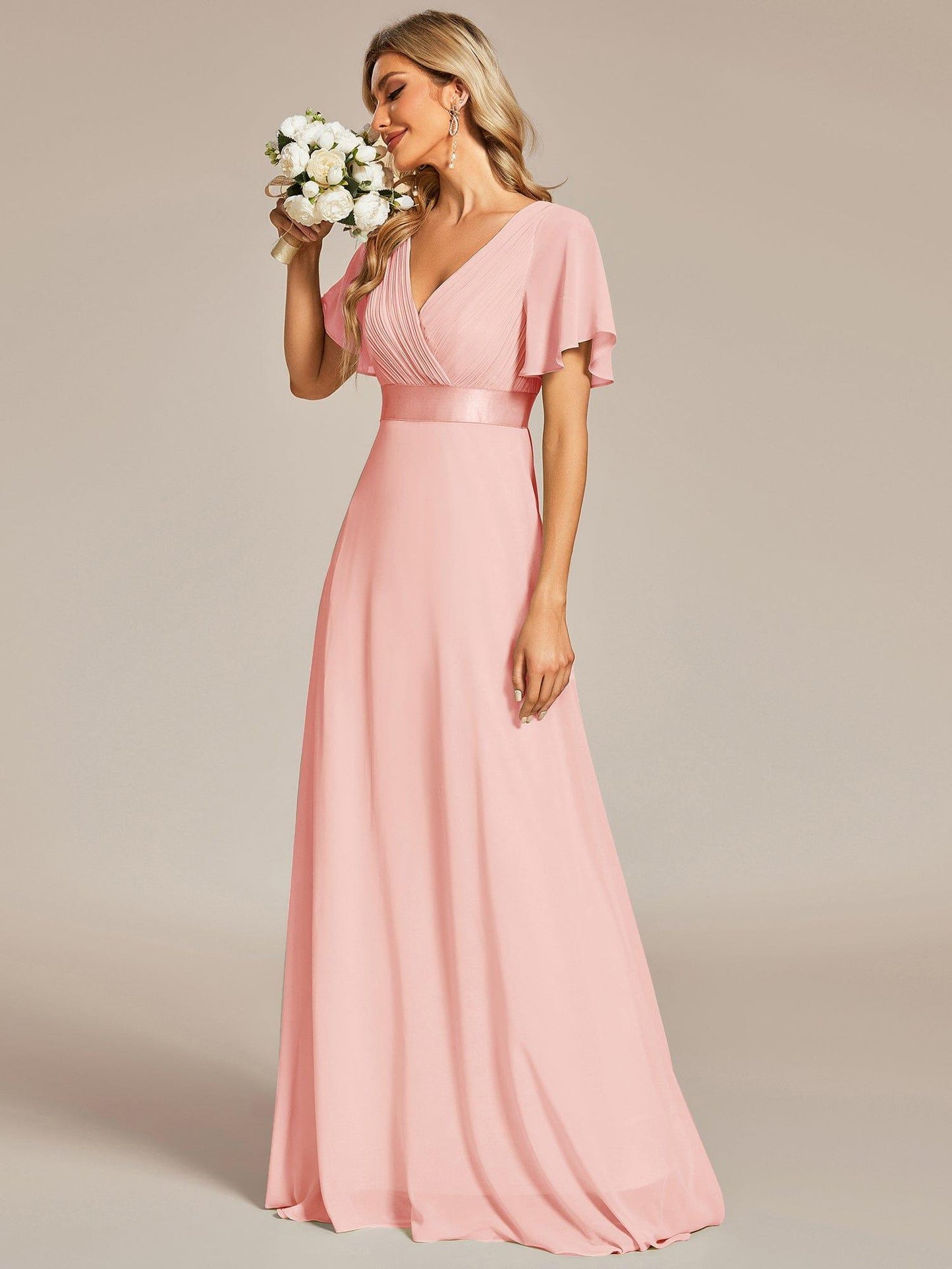 ever MONICA|Long Empire Waist Bridesmaid Dress with Short Flutter Sleeves