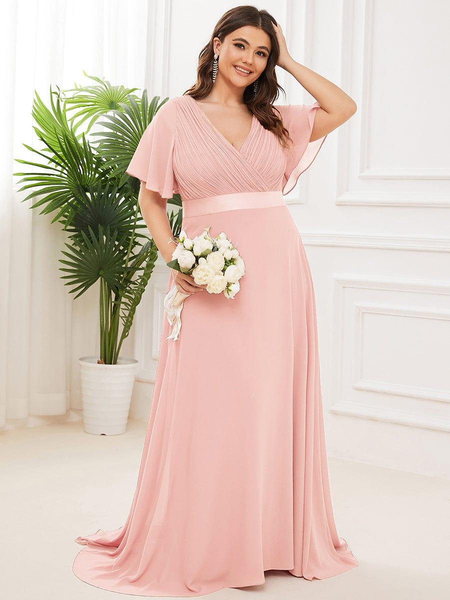 ever MONICA|Long Empire Waist Bridesmaid Dress with Short Flutter Sleeves
