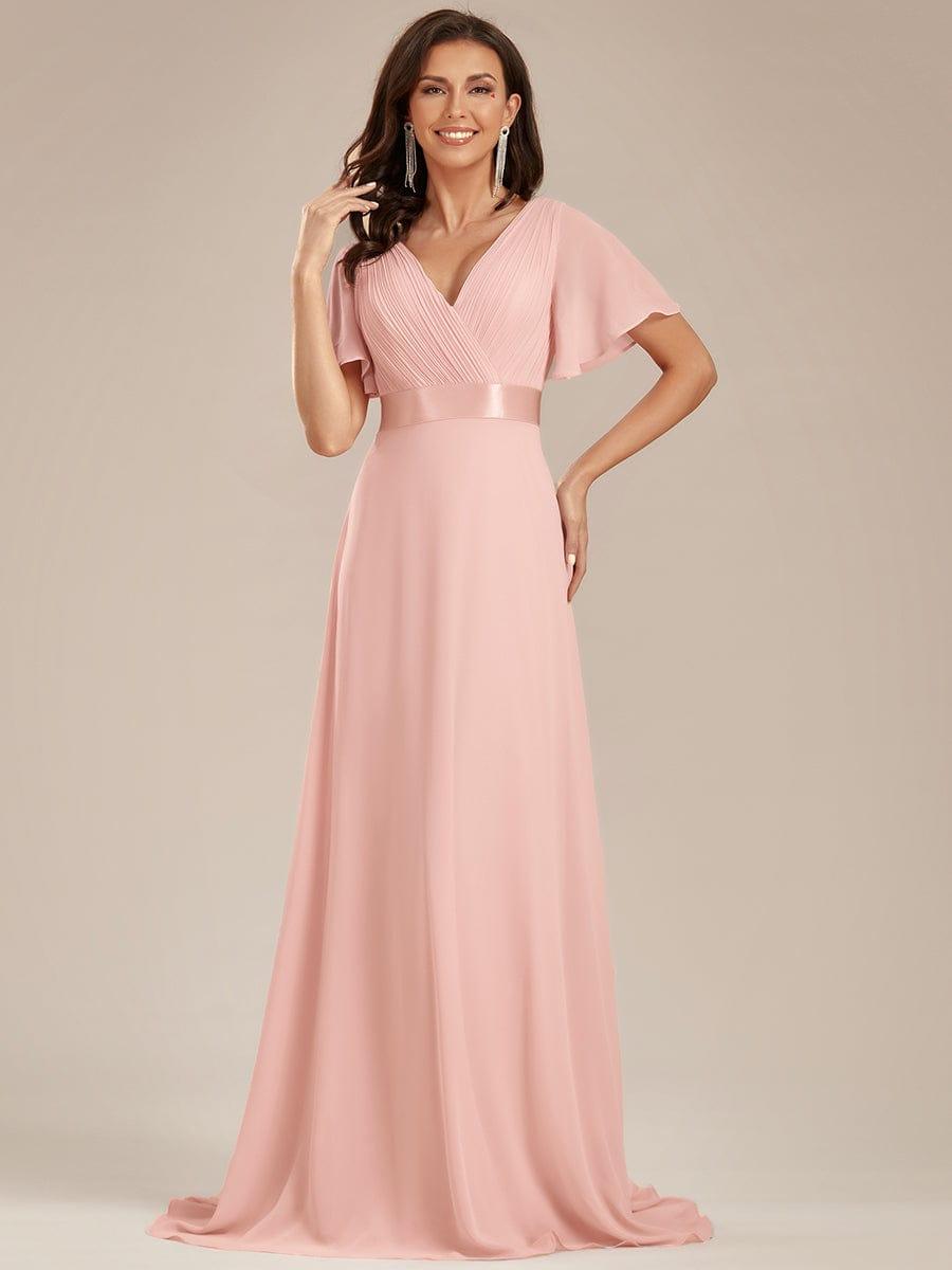 ever MONICA|Long Empire Waist Bridesmaid Dress with Short Flutter Sleeves
