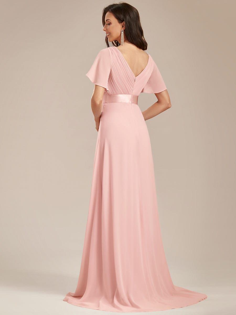 ever MONICA|Long Empire Waist Bridesmaid Dress with Short Flutter Sleeves