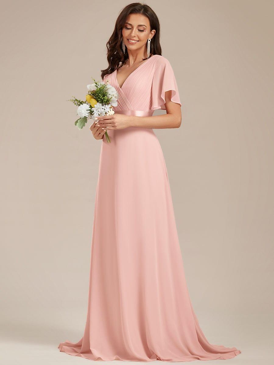 ever MONICA|Long Empire Waist Bridesmaid Dress with Short Flutter Sleeves
