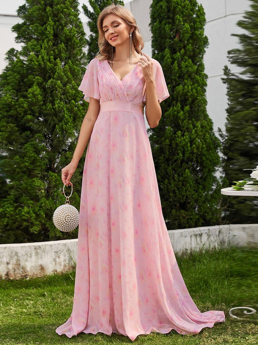 ever MONICA|Floral Chiffon High Waist Short Sleeves Bridesmaid Dress