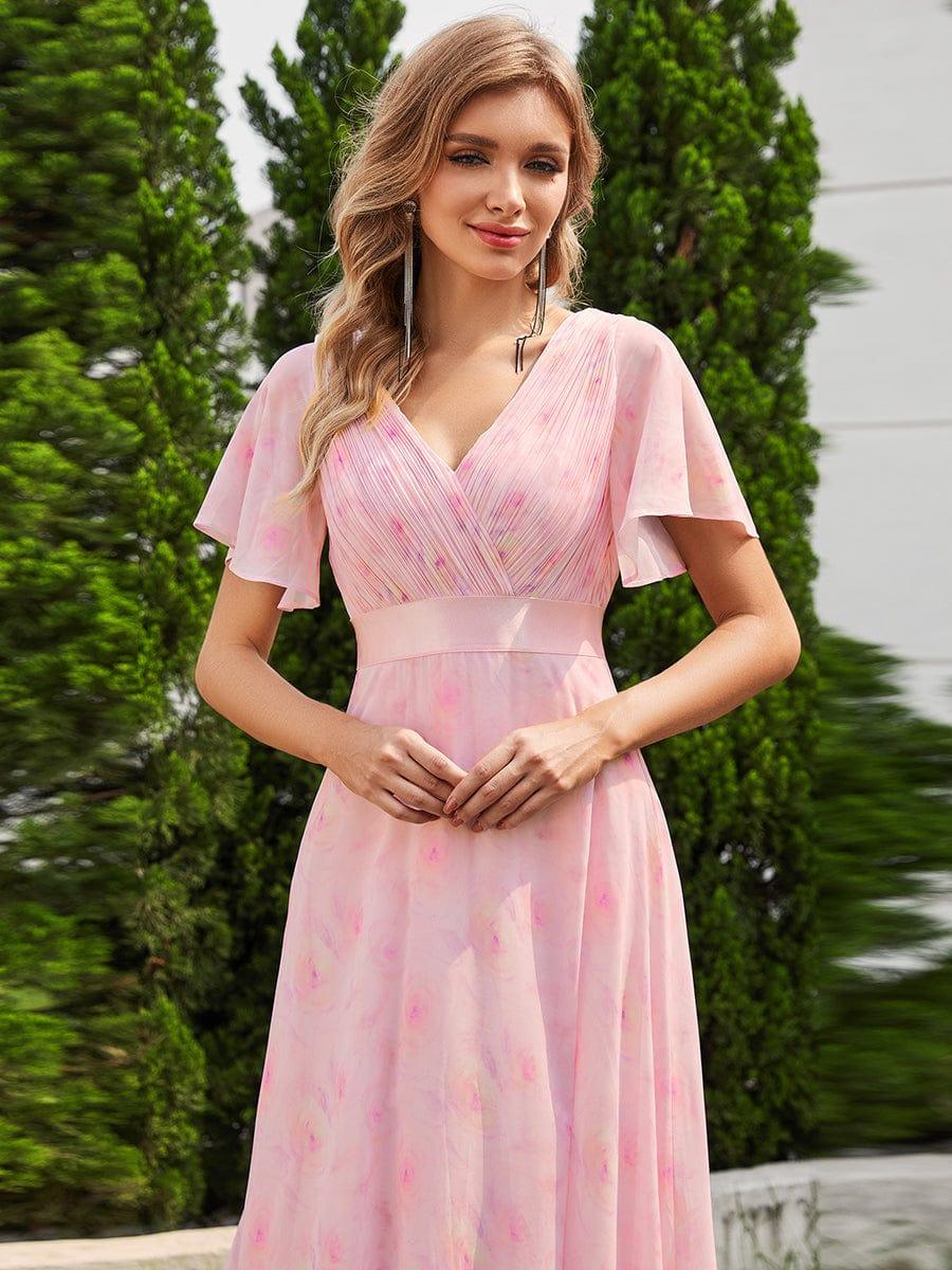 ever MONICA|Floral Chiffon High Waist Short Sleeves Bridesmaid Dress