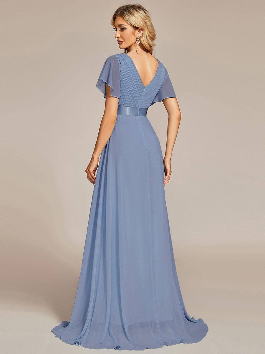ever MONICA|Long Empire Waist Bridesmaid Dress with Short Flutter Sleeves