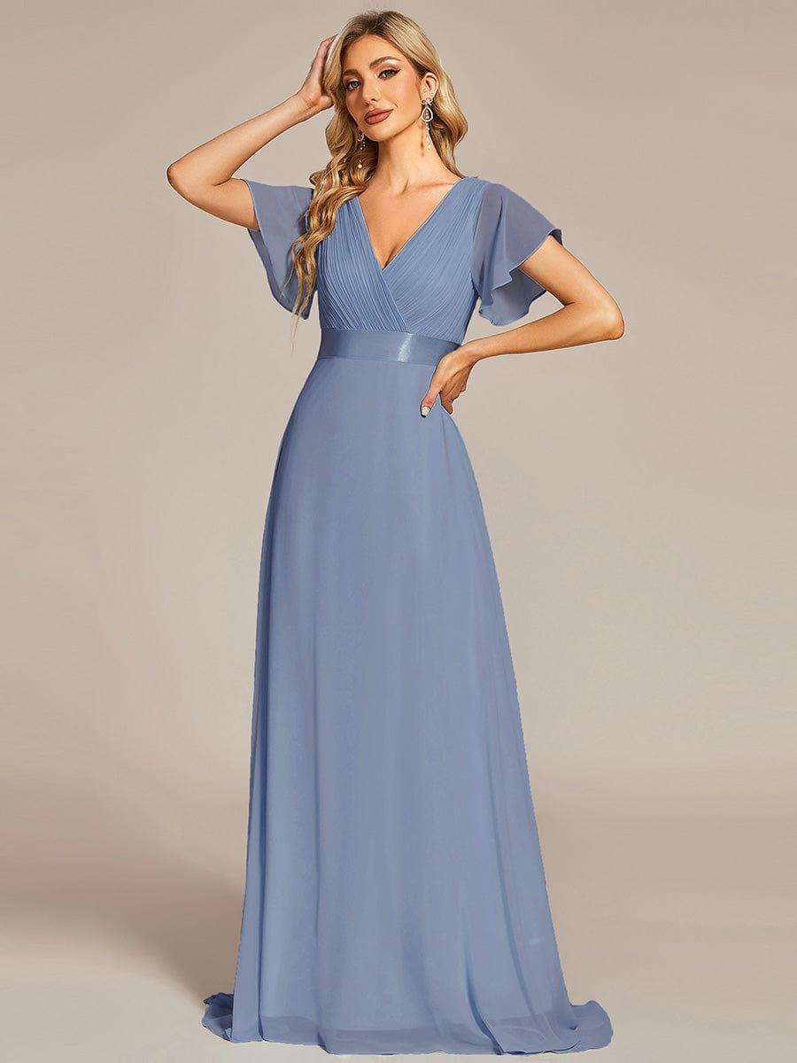 ever MONICA|Long Empire Waist Bridesmaid Dress with Short Flutter Sleeves