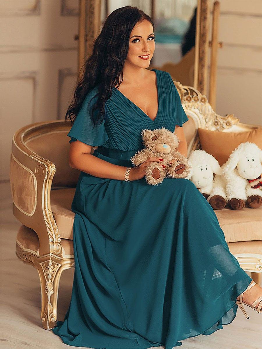 ever MONICA|Long Empire Waist Bridesmaid Dress with Short Flutter Sleeves