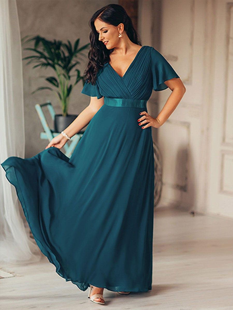 ever MONICA|Long Empire Waist Bridesmaid Dress with Short Flutter Sleeves