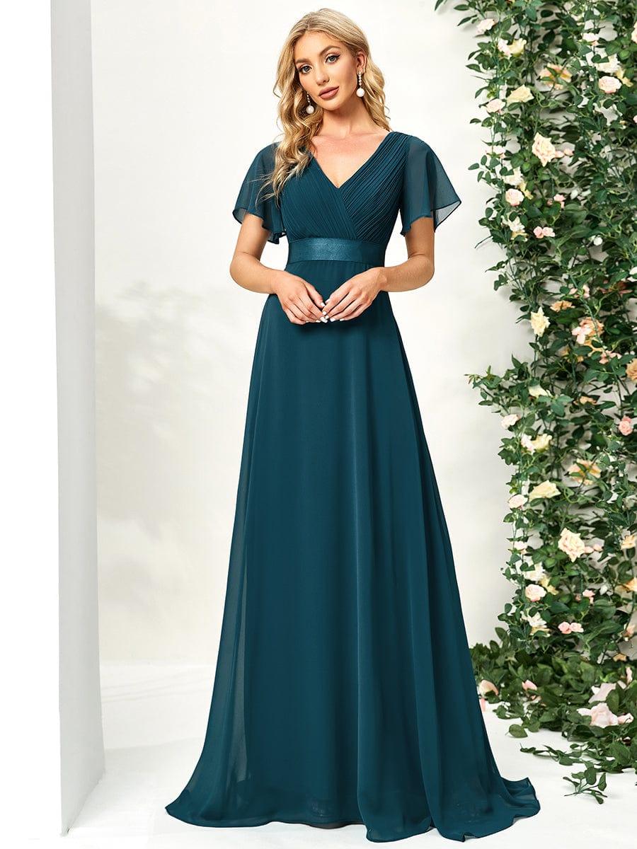ever MONICA|Long Empire Waist Bridesmaid Dress with Short Flutter Sleeves