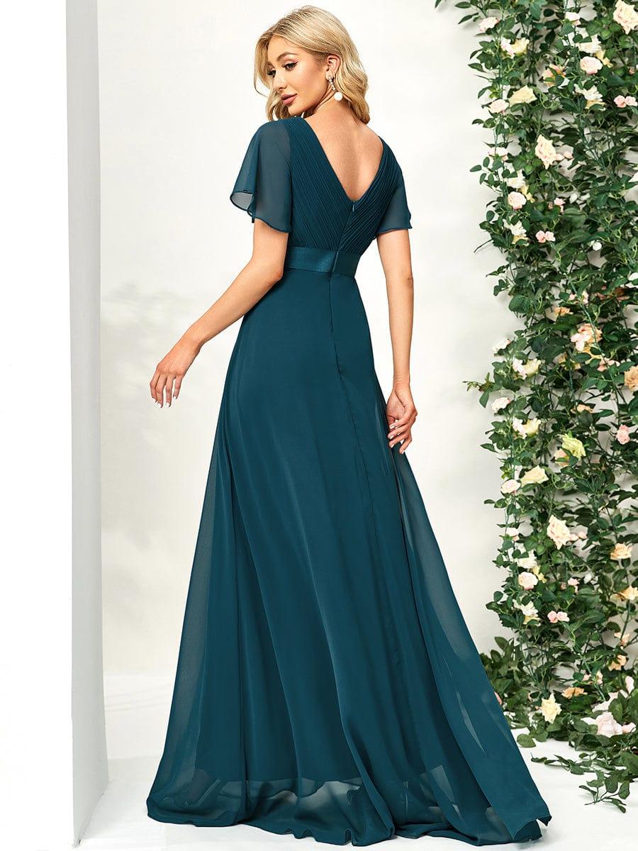 ever MONICA|Long Empire Waist Bridesmaid Dress with Short Flutter Sleeves