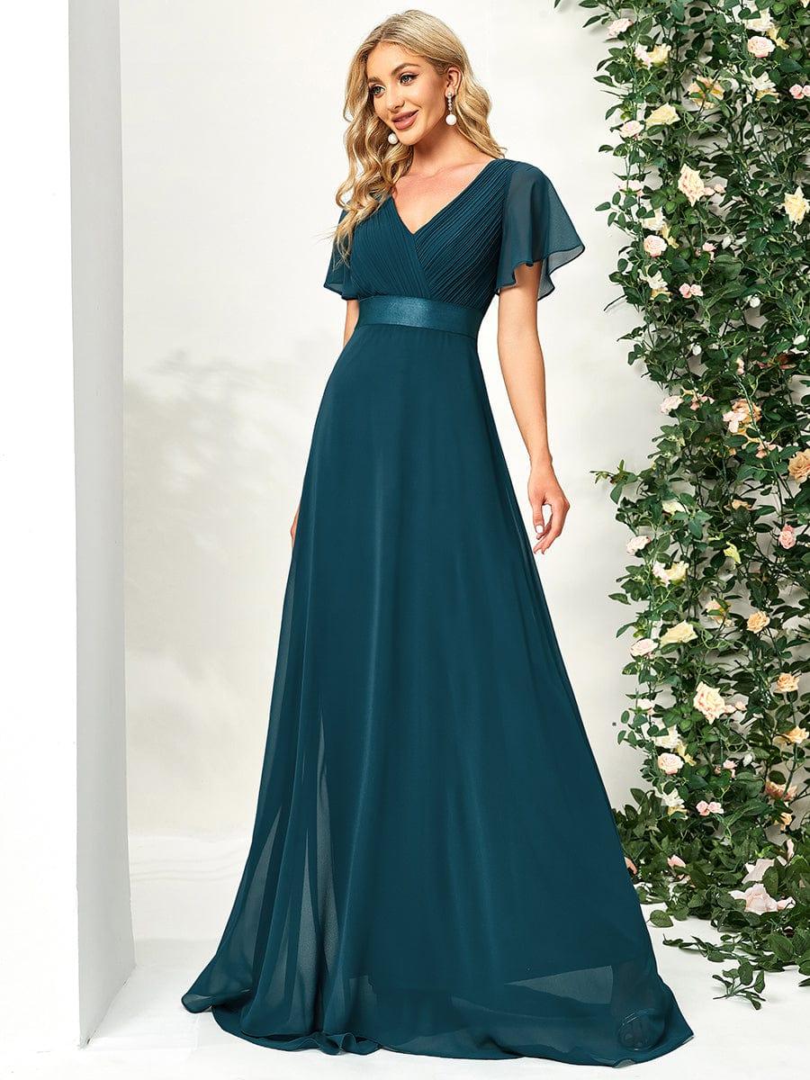 ever MONICA|Long Empire Waist Bridesmaid Dress with Short Flutter Sleeves