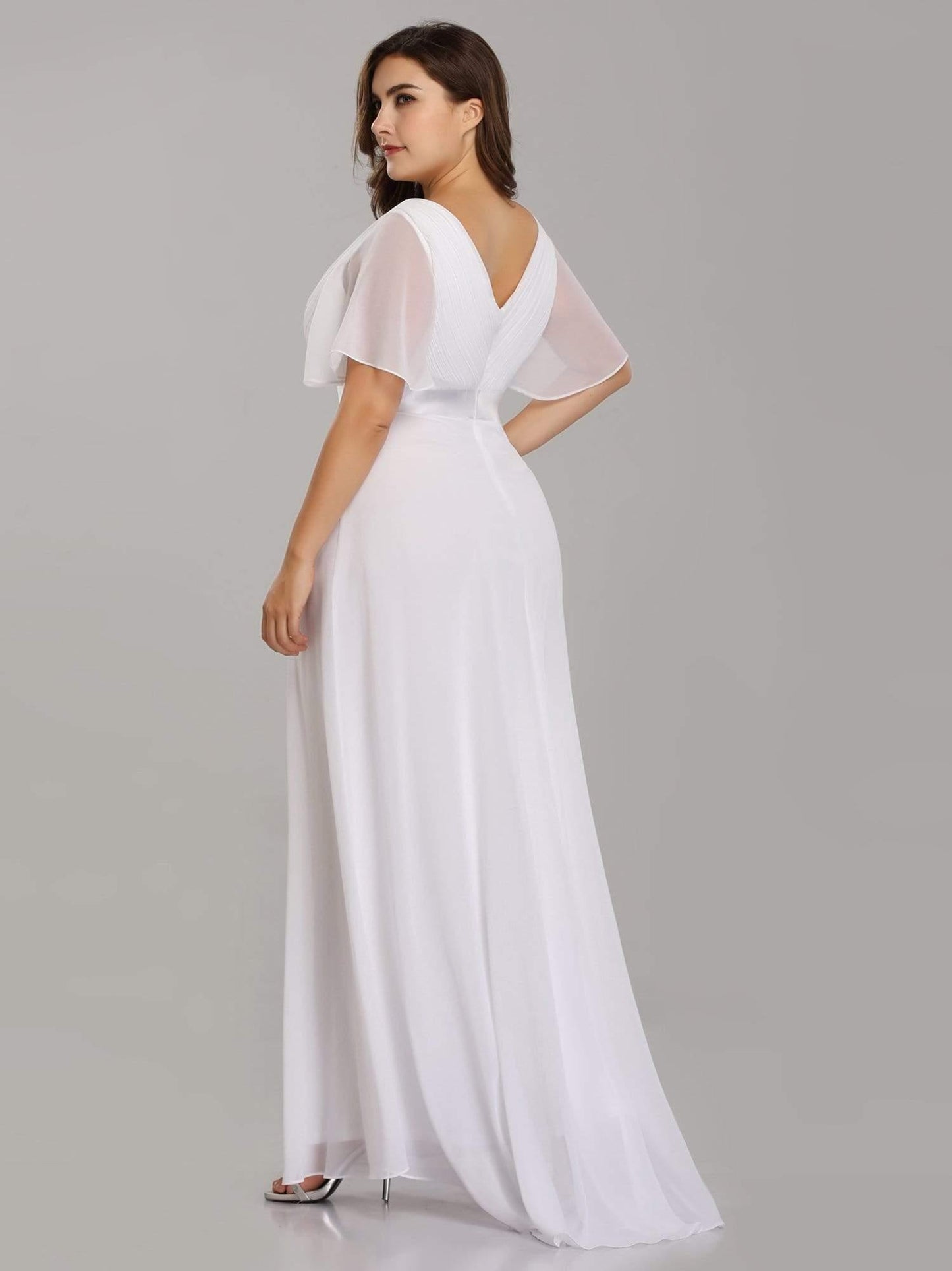 ever MONICA|Long Empire Waist Bridesmaid Dress with Short Flutter Sleeves