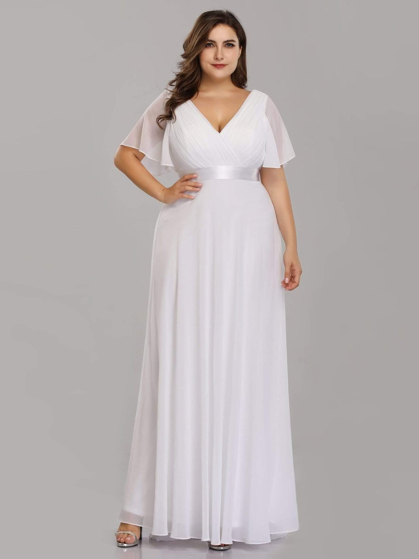 ever MONICA|Long Empire Waist Bridesmaid Dress with Short Flutter Sleeves