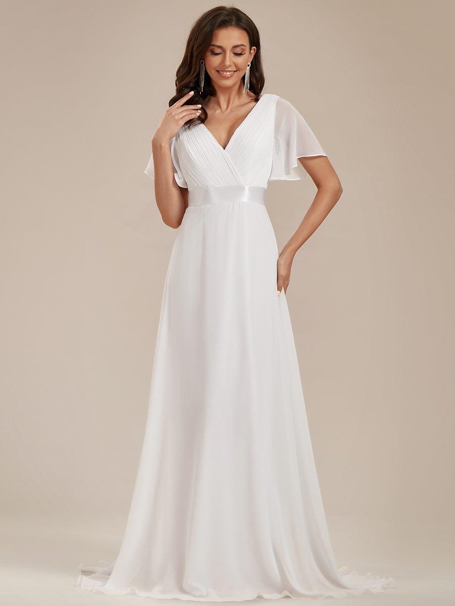 ever MONICA|Long Empire Waist Bridesmaid Dress with Short Flutter Sleeves