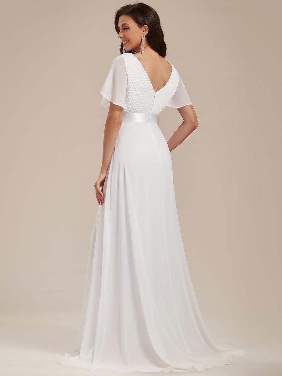 ever MONICA|Long Empire Waist Bridesmaid Dress with Short Flutter Sleeves