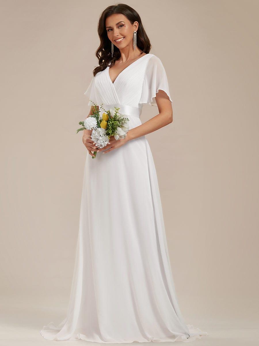 ever MONICA|Long Empire Waist Bridesmaid Dress with Short Flutter Sleeves