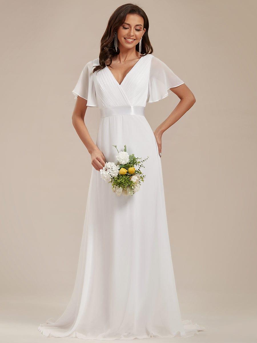 ever MONICA|Long Empire Waist Bridesmaid Dress with Short Flutter Sleeves