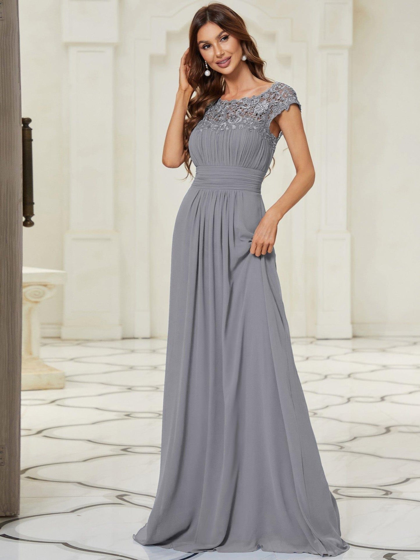 Elegant Maxi Long Lace Cap Sleeve Bridesmaid Dress(Final Sale)