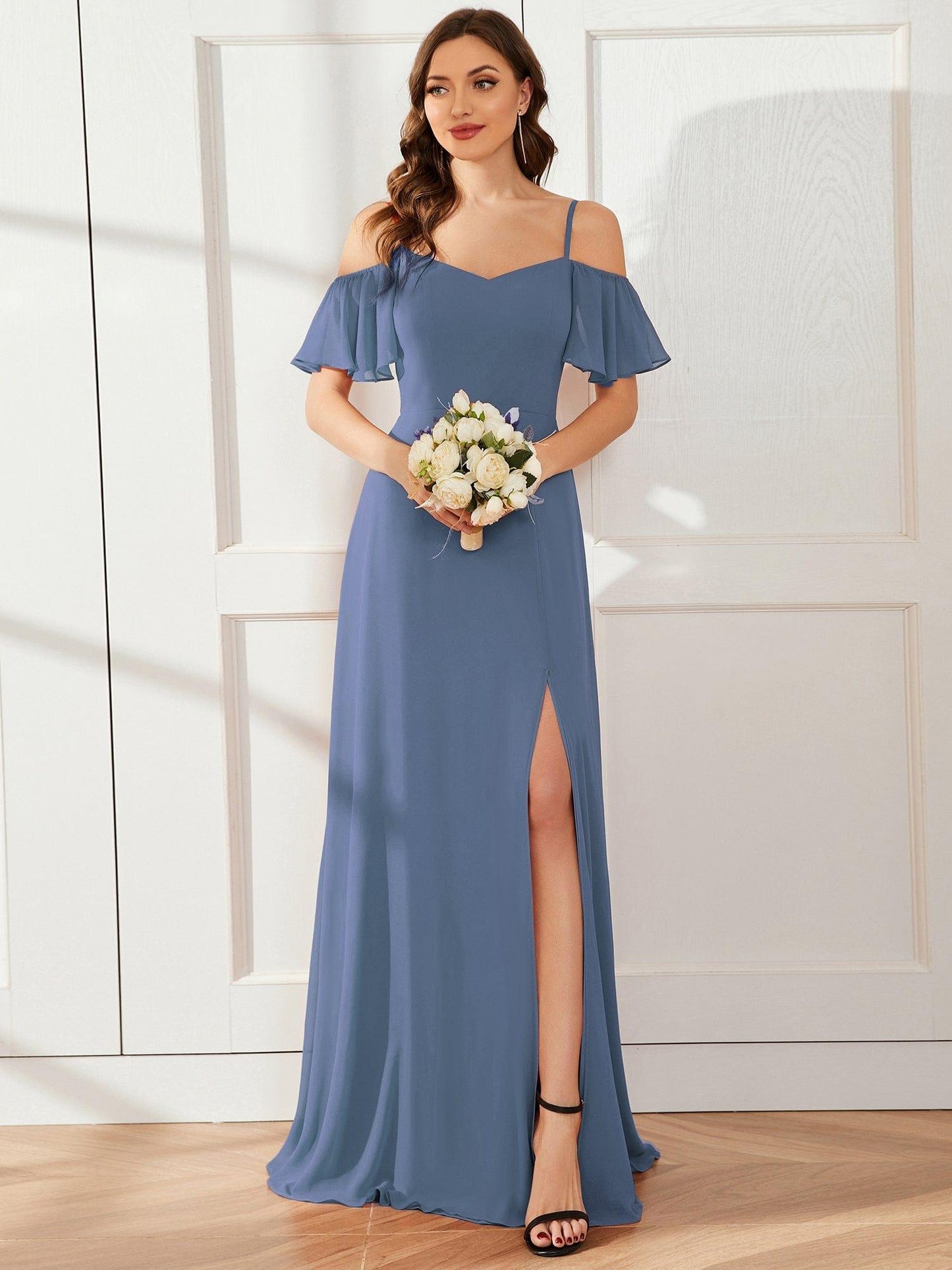 ever REYA|Stylish Cold-Shoulder Floor Length Bridesmaid Dress with Side Slit