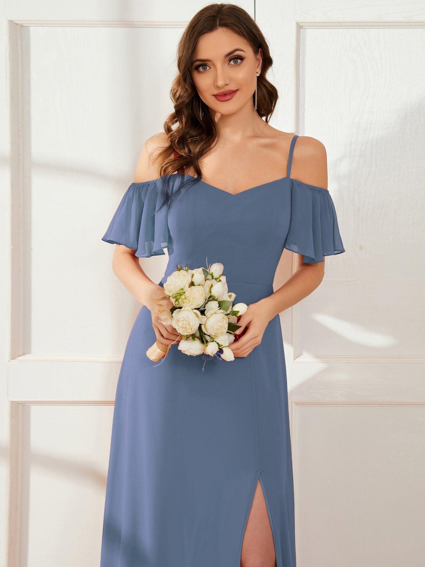 ever REYA|Stylish Cold-Shoulder Floor Length Bridesmaid Dress with Side Slit