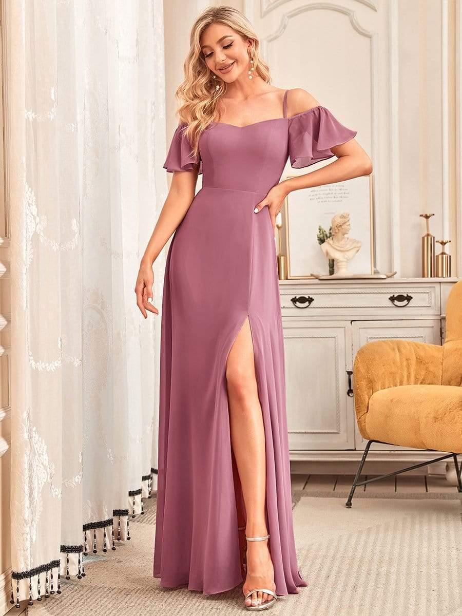 ever REYA|Stylish Cold-Shoulder Floor Length Bridesmaid Dress with Side Slit