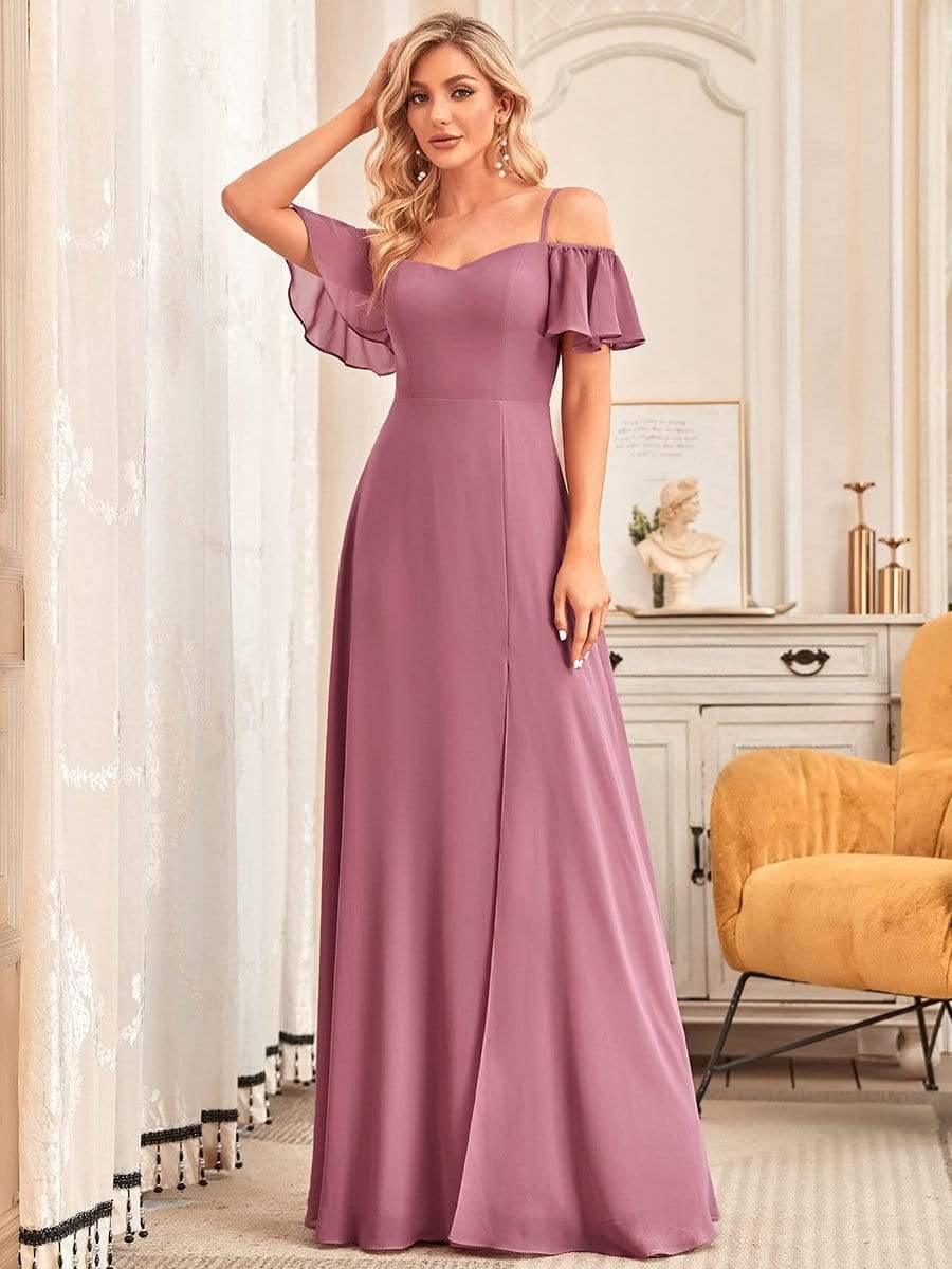 ever REYA|Stylish Cold-Shoulder Floor Length Bridesmaid Dress with Side Slit