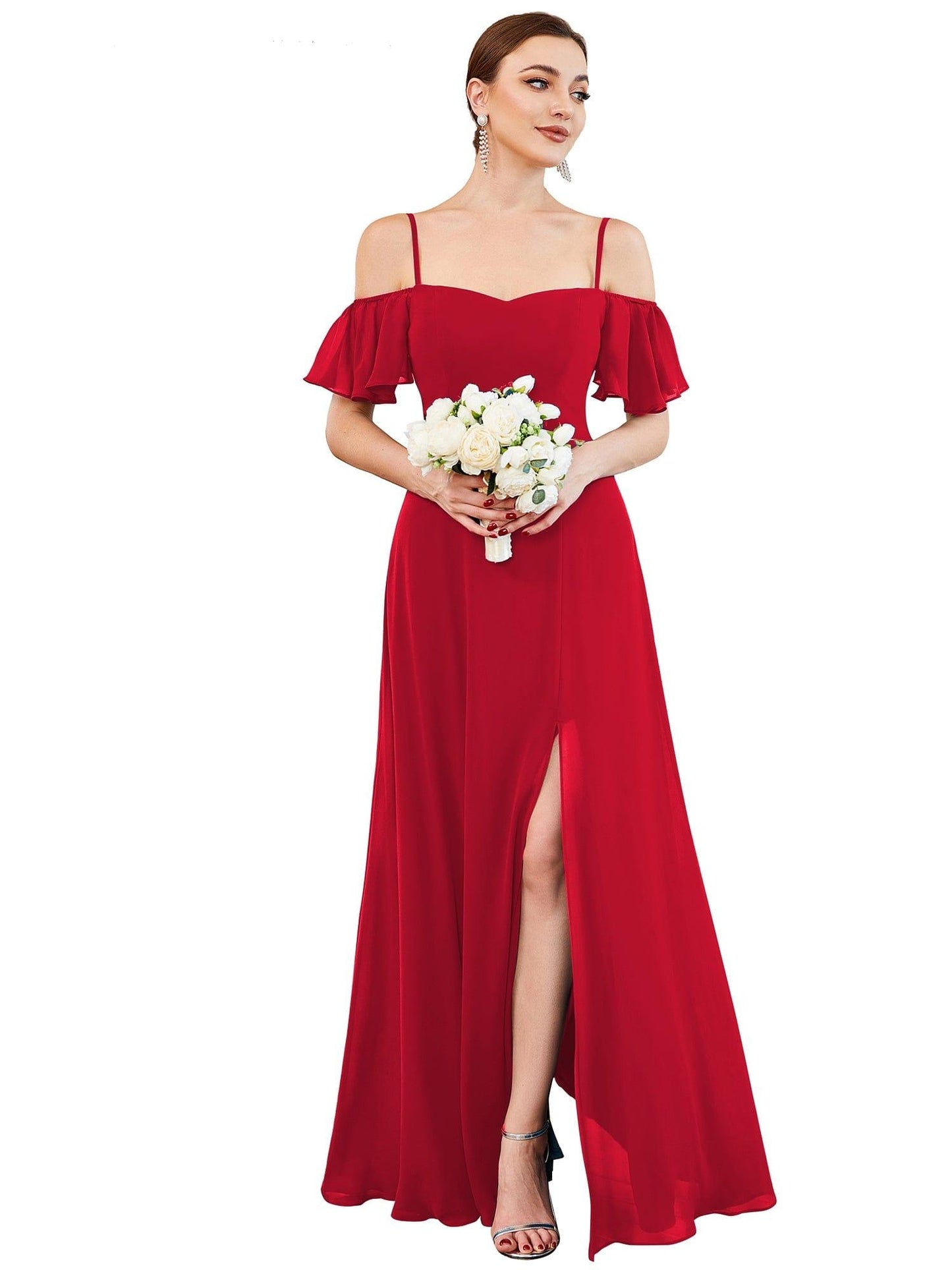ever REYA|Stylish Cold-Shoulder Floor Length Bridesmaid Dress with Side Slit