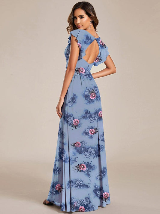 ever LILYANA|Floral V-Neck Open Back Ruffled Sleeves Chiffon Bridesmaid Dress