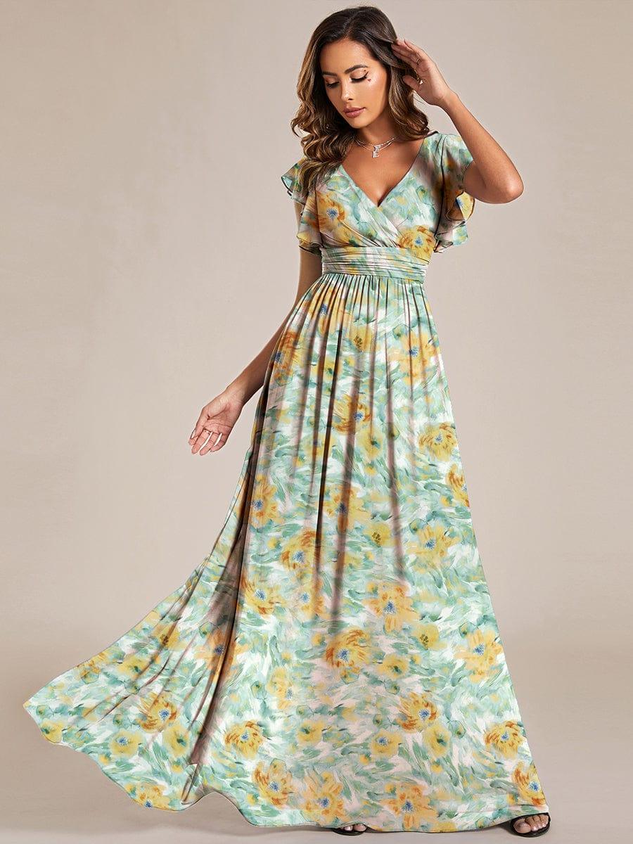 ever LILYANA|Floral V-Neck Open Back Ruffled Sleeves Chiffon Bridesmaid Dress