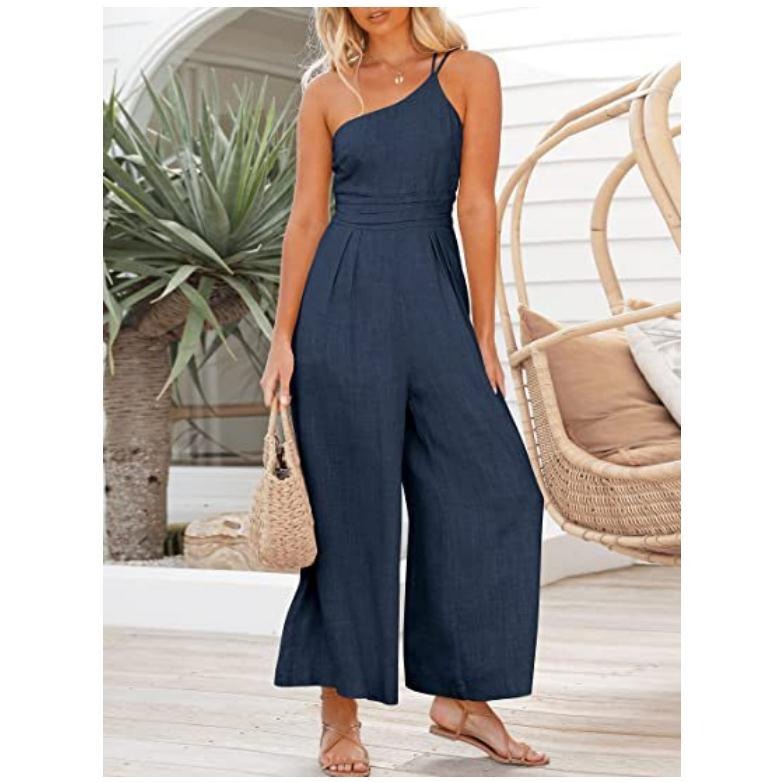 Women's Solid Colour Linen Jumpsuit Camisole Sleeveless One Shoulder Fitted Waist Wide Leg Trendy Outfit