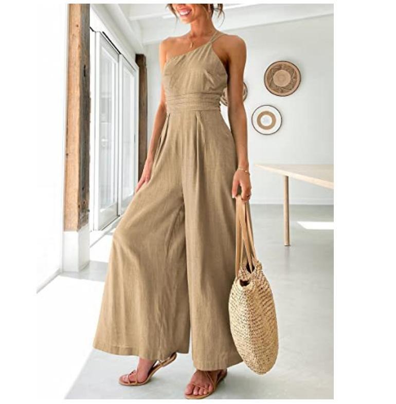 Women's Solid Colour Linen Jumpsuit Camisole Sleeveless One Shoulder Fitted Waist Wide Leg Trendy Outfit