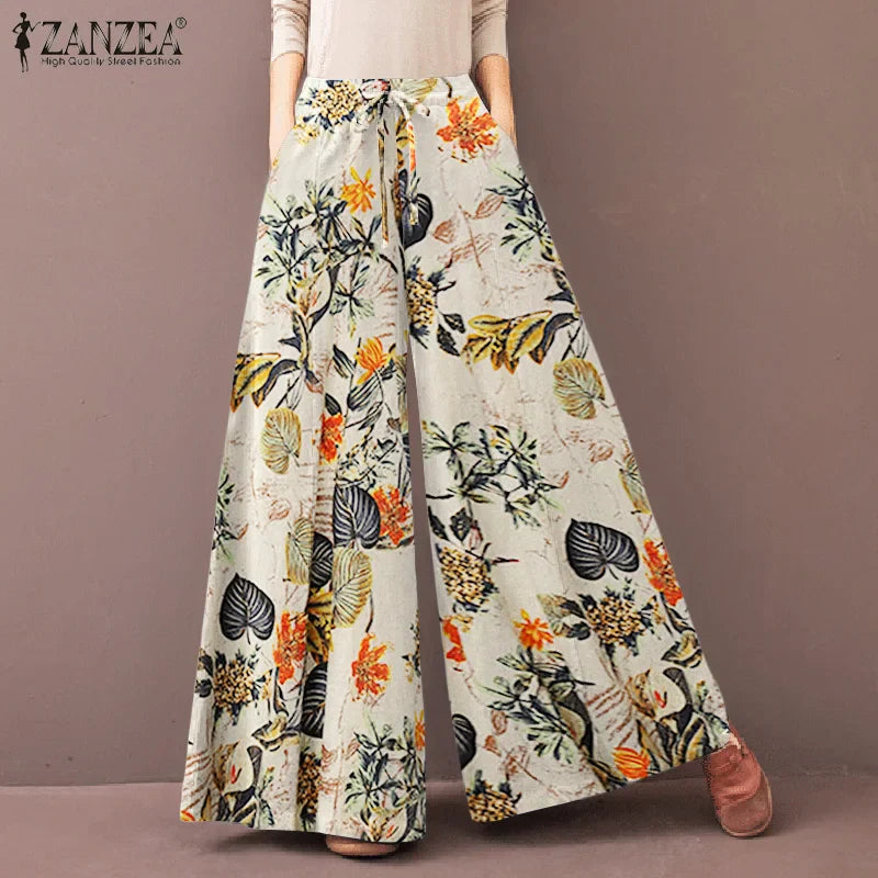 Women's Wide Leg Trousers ZANZEA Kaftan Printed Pants Elastic Waist Long Pantalon Palazzo Casual Floral Turnip Oversized