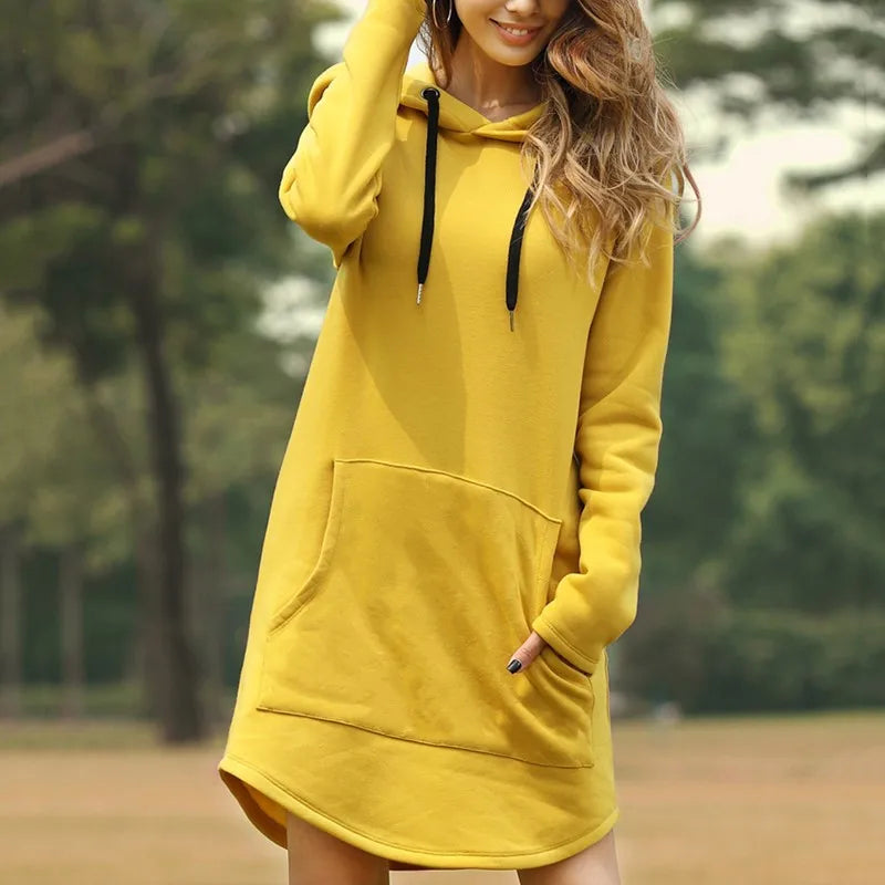 Women Autumn Dresses Casual Pocket Long Sleeve Hooded Sweatshirts Loose Oversized Pullover Hoodie Bodycon Dress Robe