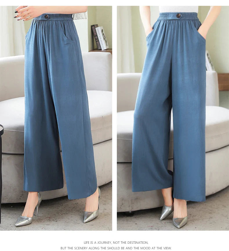 Summer Wide Leg Pants Women Loose High Waist Beach Ankle-Length Trousers Summer Casual Retro Print Plaid Pants