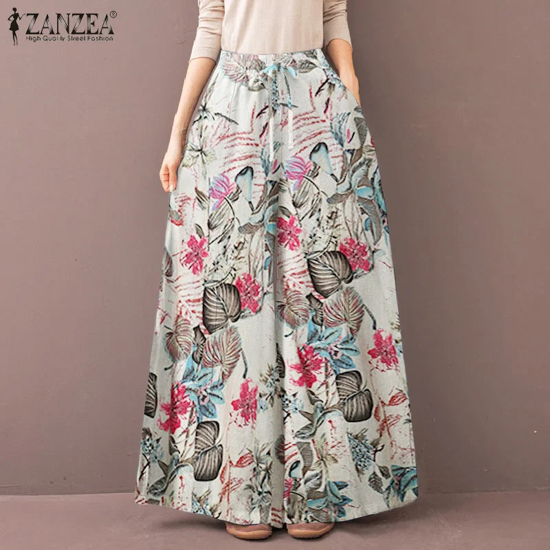 Women's Wide Leg Trousers ZANZEA Kaftan Printed Pants Elastic Waist Long Pantalon Palazzo Casual Floral Turnip Oversized