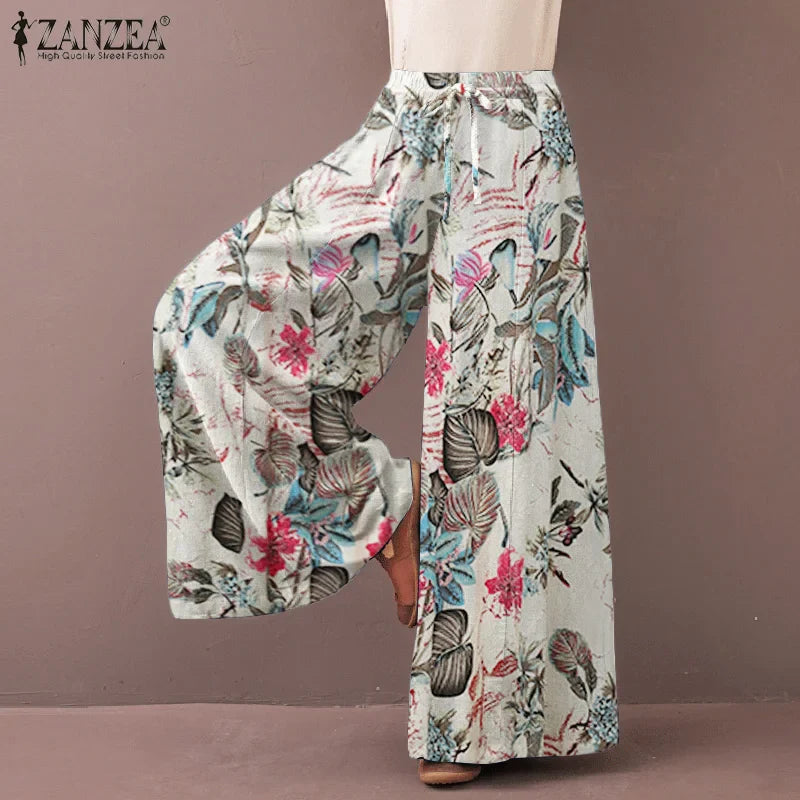 Women's Wide Leg Trousers ZANZEA Kaftan Printed Pants Elastic Waist Long Pantalon Palazzo Casual Floral Turnip Oversized