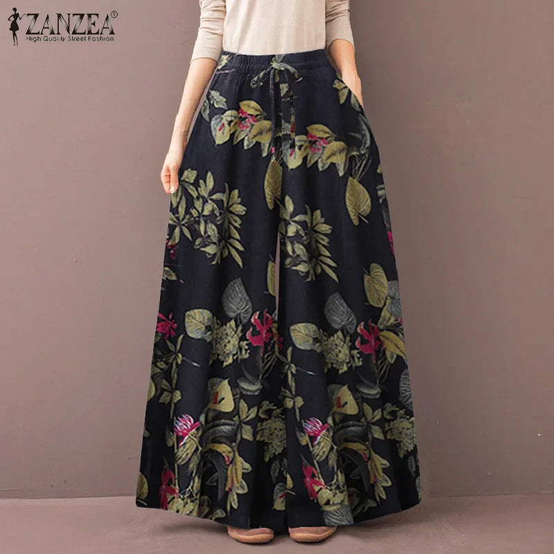 Women's Wide Leg Trousers ZANZEA Kaftan Printed Pants Elastic Waist Long Pantalon Palazzo Casual Floral Turnip Oversized