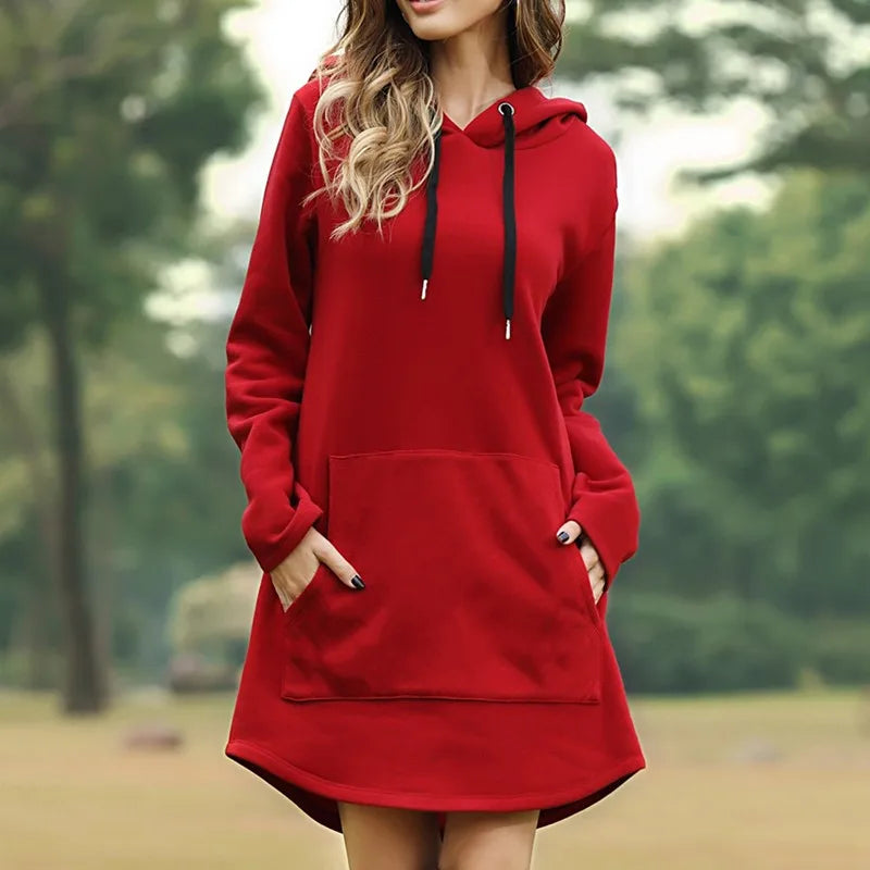 Women Autumn Dresses Casual Pocket Long Sleeve Hooded Sweatshirts Loose Oversized Pullover Hoodie Bodycon Dress Robe