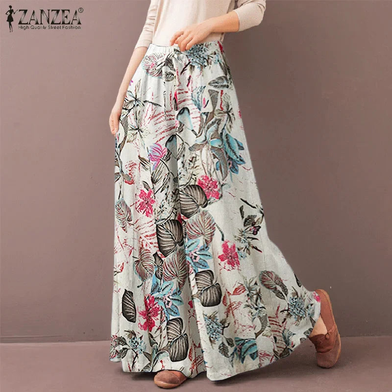 Women's Wide Leg Trousers ZANZEA Kaftan Printed Pants Elastic Waist Long Pantalon Palazzo Casual Floral Turnip Oversized