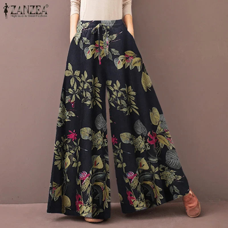 Women's Wide Leg Trousers ZANZEA Kaftan Printed Pants Elastic Waist Long Pantalon Palazzo Casual Floral Turnip Oversized