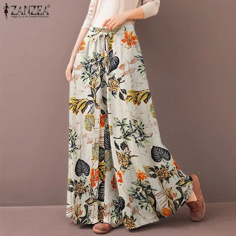 Women's Wide Leg Trousers ZANZEA Kaftan Printed Pants Elastic Waist Long Pantalon Palazzo Casual Floral Turnip Oversized