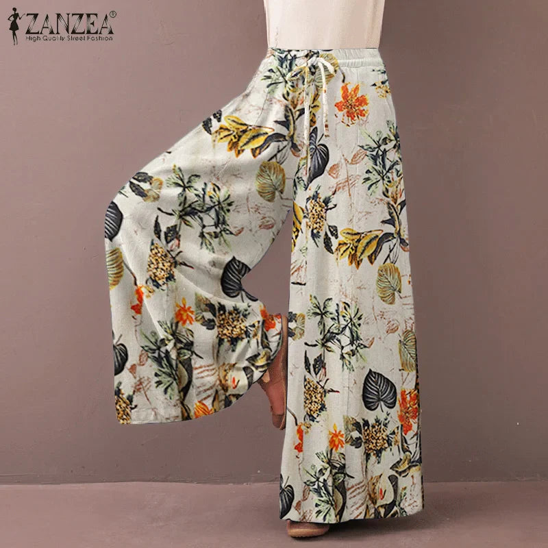 Women's Wide Leg Trousers ZANZEA Kaftan Printed Pants Elastic Waist Long Pantalon Palazzo Casual Floral Turnip Oversized